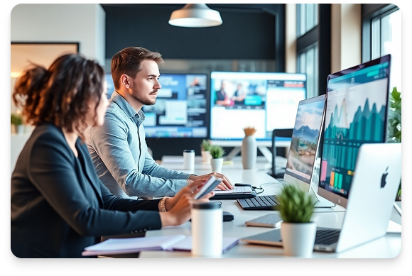Team members working together at computer monitors